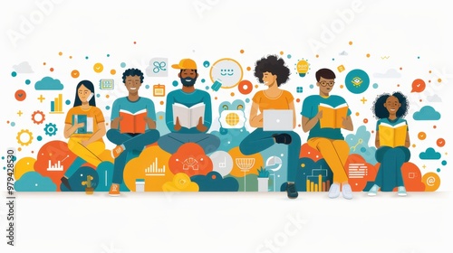 Illustration of a diverse group reading books and using laptops, representing teamwork, learning, and innovation in a collaborative environment.
