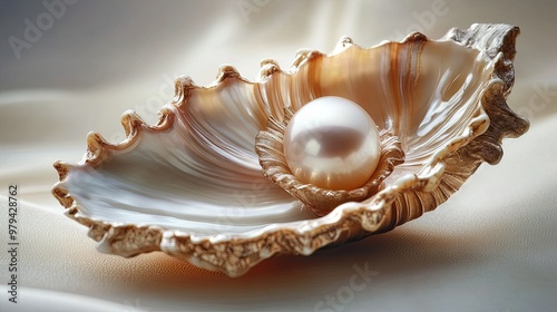 A pearl shines brightly from within a carved shell, the elegant, detailed design wrapping around the gem in a perfect blend of nature and artistry.