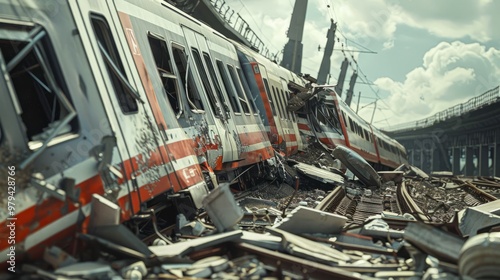 A derailed train rests in a desolate landscape, surrounded by scattered debris and wild vegetation, evoking a haunting beauty of decay and time's passage