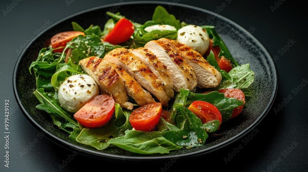 A plate of fresh chicken fillet and mozzarella salad with greens, presented on a black background, highlighting the contrast of fresh ingredients in a healthy dish. A plate of fresh chicken fillet and mozzarella salad with greens, presented on a black background, highlighting the contrast of fresh ingredients in a healthy dish.