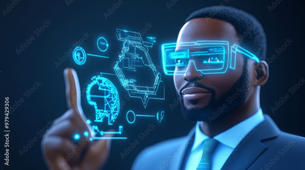 A business professional interacts with futuristic technology and holographic displays, showcasing innovation and creativity. A business professional interacts with futuristic technology and holographic displays, showcasing innovation and creativity.