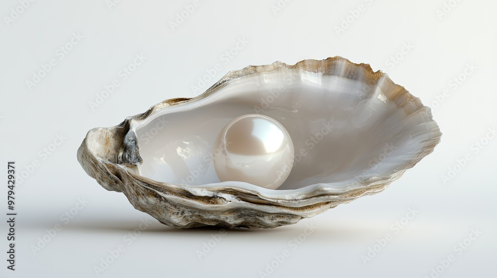 Naklejka premium A pristine pearl sitting inside an open oyster shell, with the shiny nacre interior visible, against a plain white background for contrast.