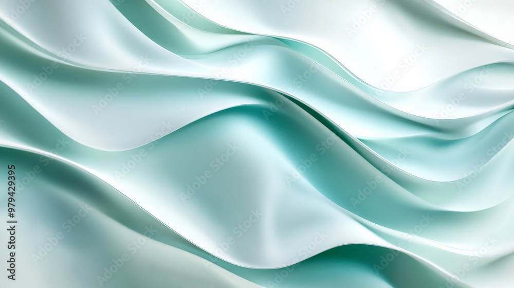 Obraz premium A calming 3D wave pattern in soft pastel blues and greens, flowing gently across a smooth white backdrop, with delicate shadows and light reflections enhancing the depth.