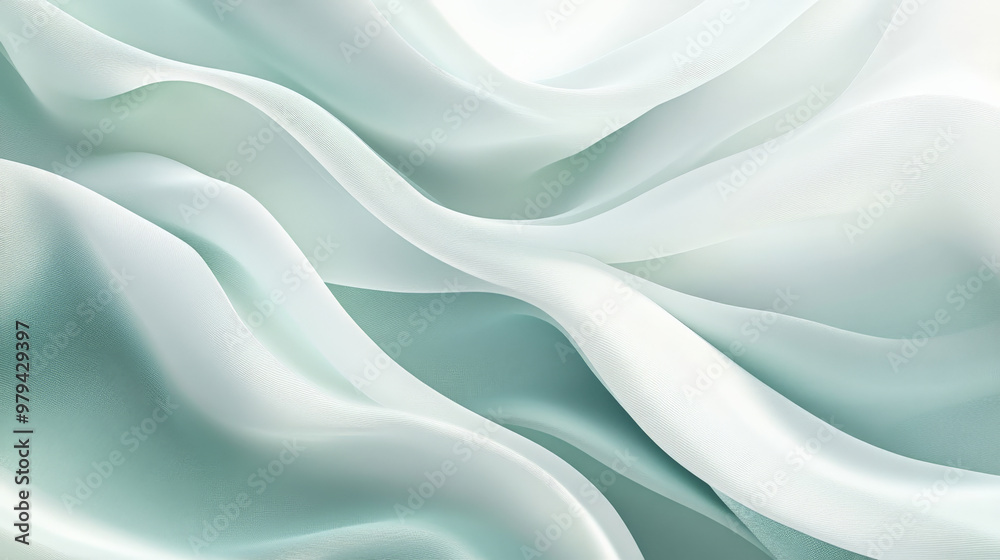 Obraz premium A calming 3D wave pattern in soft pastel blues and greens, flowing gently across a smooth white backdrop, with delicate shadows and light reflections enhancing the depth.