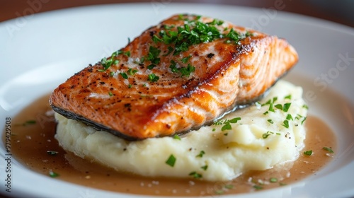 A restaurant-quality dish of pan-seared salmon, set on a creamy bed of mashed potatoes, garnished with fresh parsley and served on a pristine white plate.