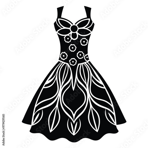 A black and white dress with a silver buckle on the fro