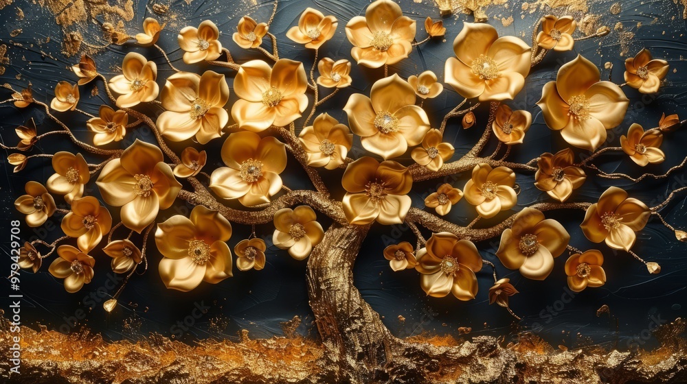 A stunning display of golden flowers bloom vibrantly against a deep blue backdrop, creating a captivating blend of nature and artistry A stunning display of golden flowers bloom vibrantly against a deep blue backdrop, creating a captivating blend of nature and artistry