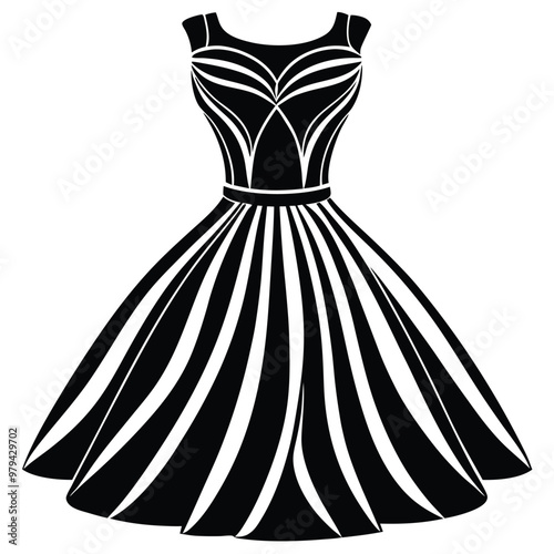 A black and white dress with a silver buckle on the fro
