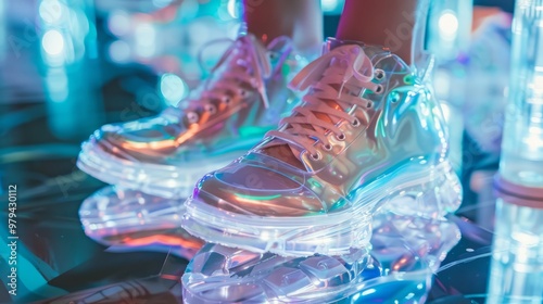 A pair of futuristic clear sneakers glimmers under colorful neon lights, showcasing a trendy look in a bustling urban nightlife atmosphere