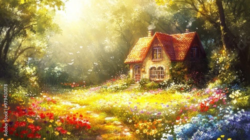 A charming cottage nestled in a vibrant flower field, illuminated by golden sunlight, perfect for depicting tranquility and nature.