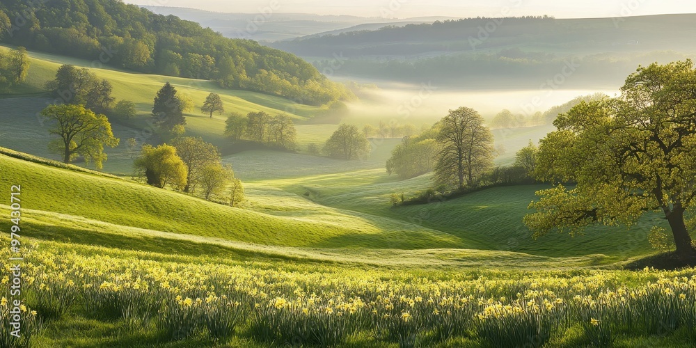 Obraz premium Serene landscape with rolling hills, lush greenery, and a field of blooming flowers at dawn.