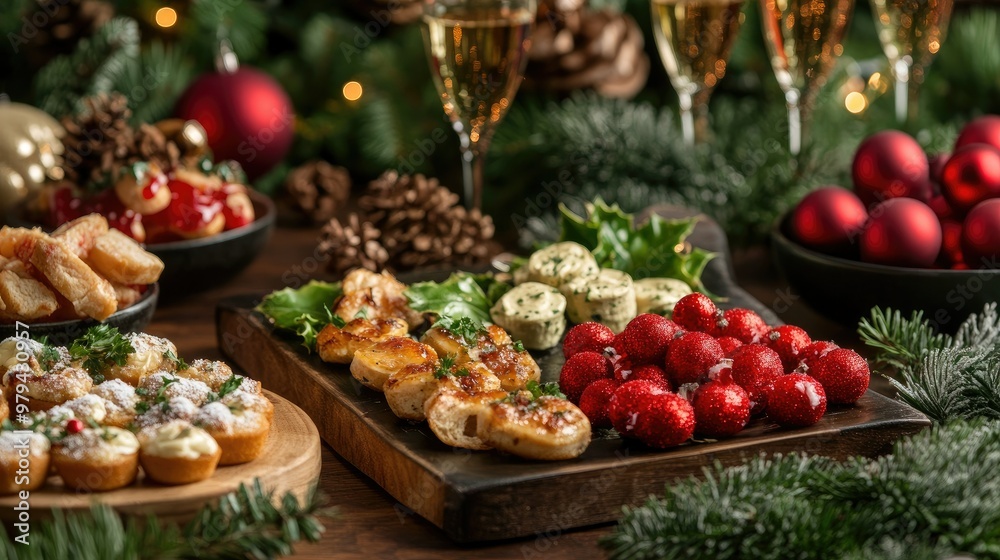 A selection of Christmas appetizers served on a festive table with holiday decorations, perfect for a cozy and inviting holiday celebration. A selection of Christmas appetizers served on a festive table with holiday decorations, perfect for a cozy and inviting holiday celebration.