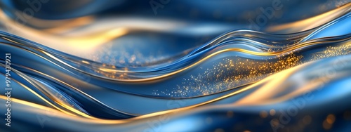 Blue silk waves, shimmering with golden lights, flow like water in the sky, photo