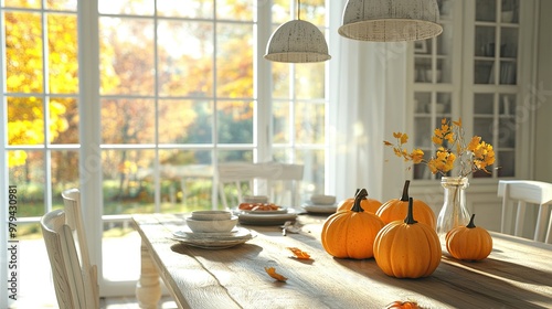 A simple dining table set with pumpkins by a large window in a sunlit room. The natural light highlights the rustic, seasonal dacor, creating a cozy autumn ambiance.