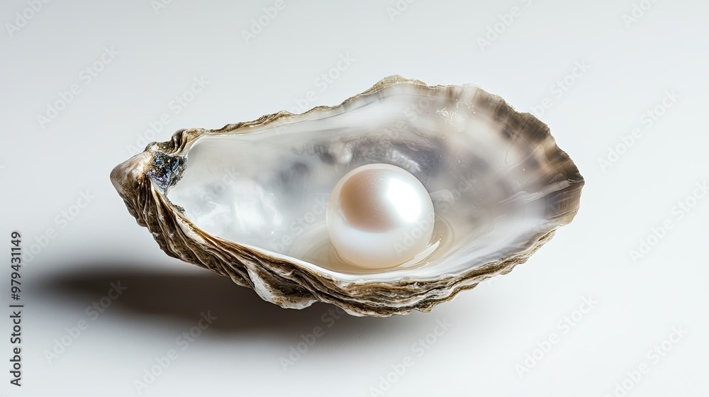 Naklejka premium A single pearl shining within the soft, iridescent nacre of an oyster shell, close-up shot on a minimalist white background.