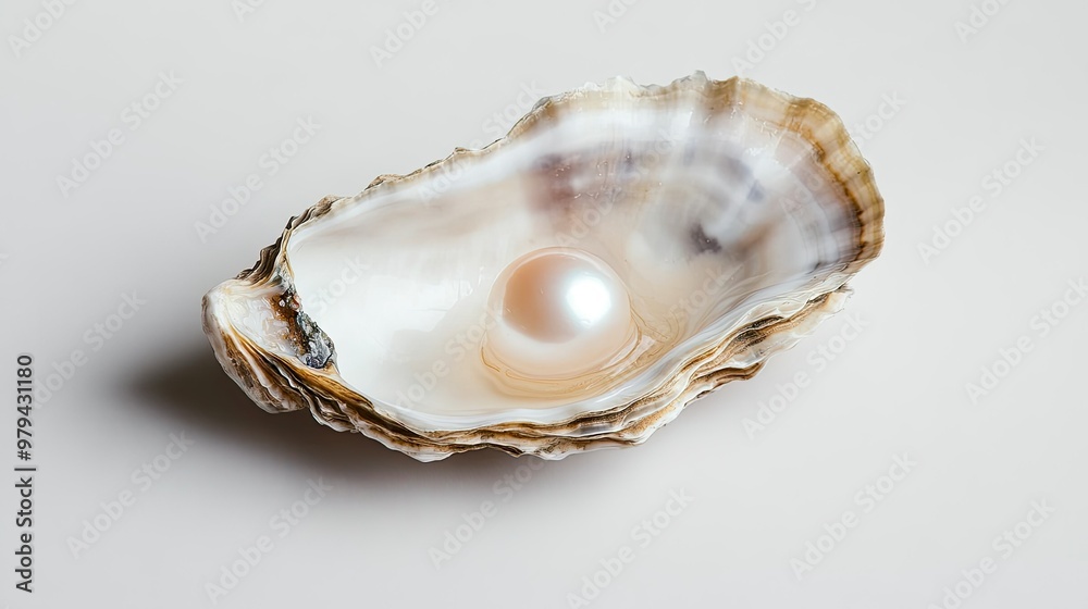 A single pearl shining within the soft, iridescent nacre of an oyster shell, close-up shot on a minimalist white background.