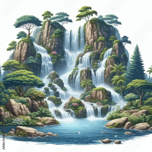 Vector of roaring waterfall in the forest