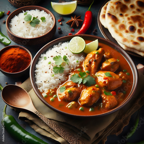 Indian chicken curry tikka masala with rice and naan bread. AI Generated photo