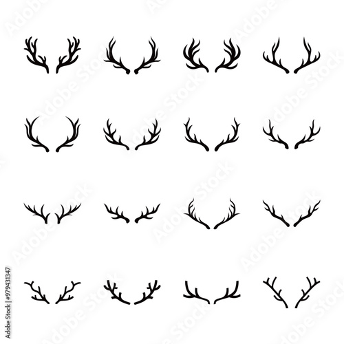 Deer antlers icon set. logo design template Silhouette of the horns of a wild elk, roe deer on a white background.