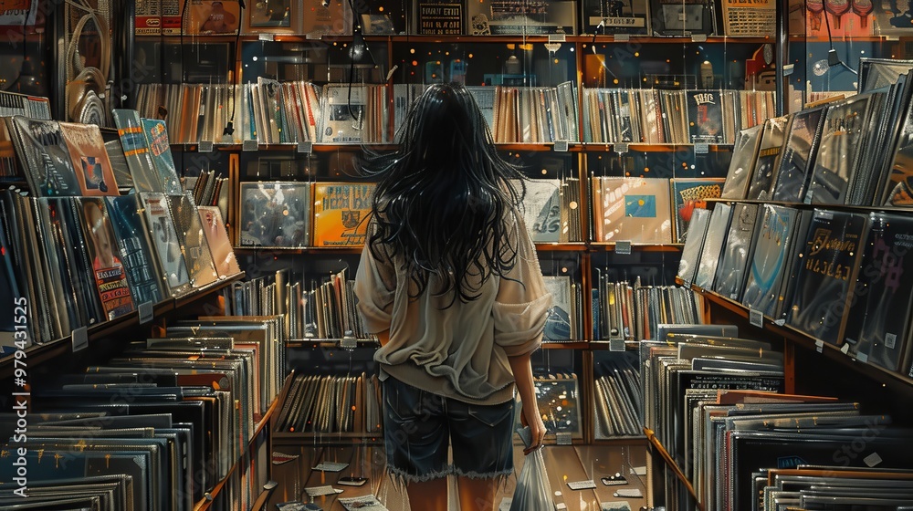 Illustrate a solo shopper perusing the aisles of a vintage vinyl record store, flipping through stacks of LPs and CDs Illustrate a solo shopper perusing the aisles of a vintage vinyl record store, flipping through stacks of LPs and CDs