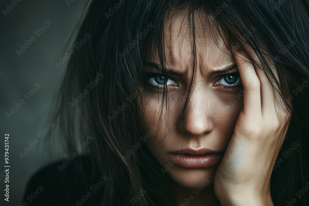 Close-up of a woman with a melancholic expression, her eyes reflecting sadness Close-up of a woman with a melancholic expression, her eyes reflecting sadness