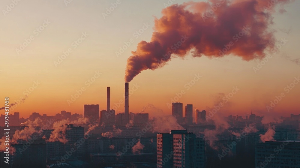 Detailed shot of industrial smoke rising from a factory chimney, with a city skyline and pollution effects Detailed shot of industrial smoke rising from a factory chimney, with a city skyline and pollution effects