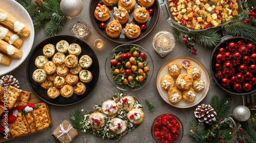 A spread of delicious Christmas appetizers on a decorated holiday table, featuring savory and sweet bites perfect for a festive celebration.
