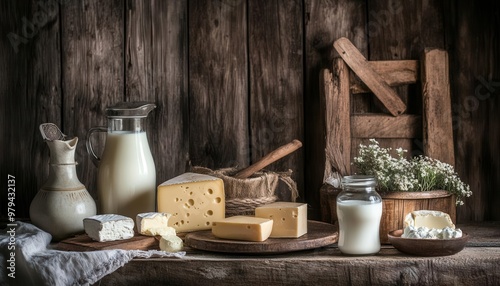 A rustic display of various dairy products, including cheese and milk, set against a wooden background, evoking a cozy atmosphere.