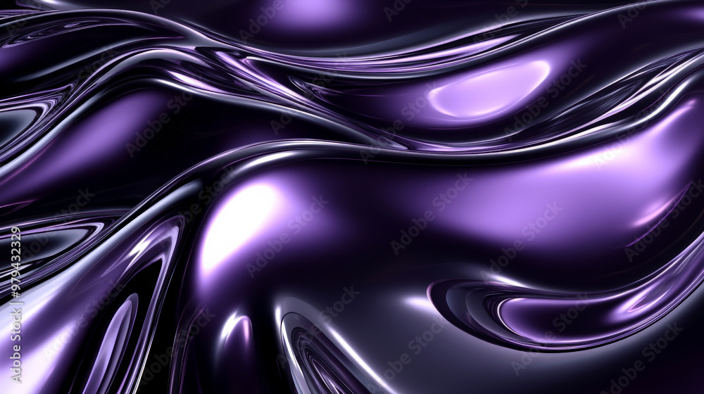 A futuristic 3D wave pattern in metallic silver and purple, with fluid, undulating shapes casting intricate shadows and reflecting light across a dark background. A futuristic 3D wave pattern in metallic silver and purple, with fluid, undulating shapes casting intricate shadows and reflecting light across a dark background.