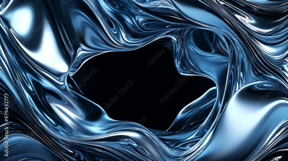 A futuristic fluid frame in metallic silver and blue, with flowing, liquid-like edges surrounding a dark gradient center, creating depth and movement. A futuristic fluid frame in metallic silver and blue, with flowing, liquid-like edges surrounding a dark gradient center, creating depth and movement.