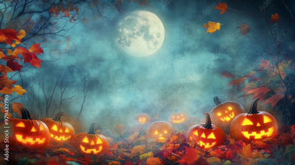 Spooky Jack-o'-lanterns glowing under a full moon.