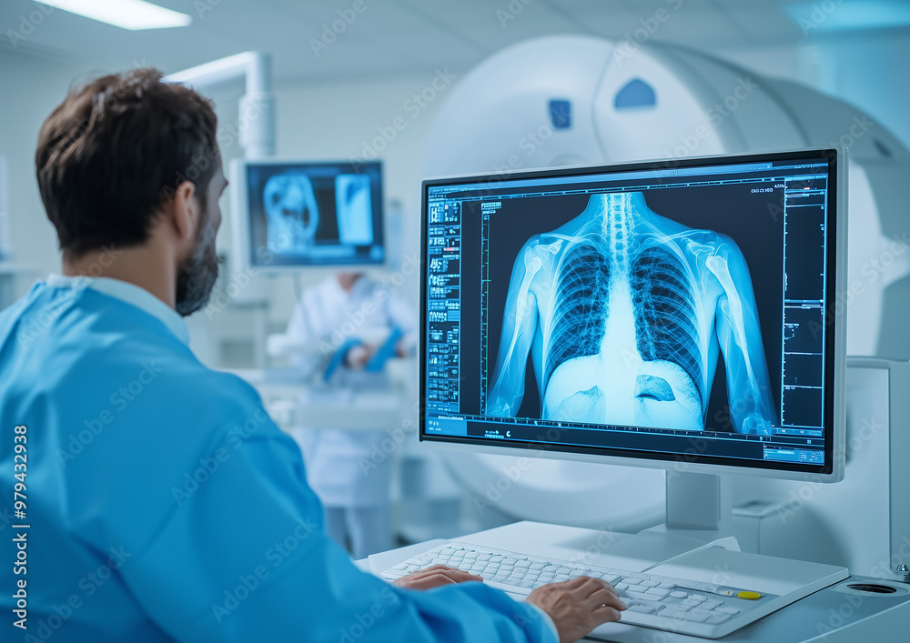 Diagnostic Imaging Room with an X-ray machine in the process of capturing an image of a patient's chest. The radiology technician is behind a protective screen