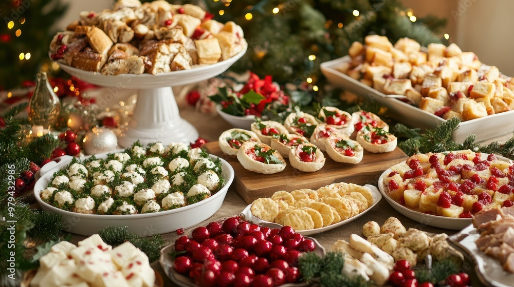 A variety of Christmas appetizers displayed on a festive table, surrounded by traditional holiday decor, creating a warm and inviting atmosphere for a seasonal celebration. A variety of Christmas appetizers displayed on a festive table, surrounded by traditional holiday decor, creating a warm and inviting atmosphere for a seasonal celebration.
