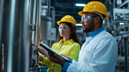 Engineers observing a machine during testing, taking notes and analyzing results.