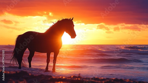 A majestic black horse stands silhouetted against a vibrant sunset over the ocean. The sun's glow illuminates the scene with warmth and beauty. photo