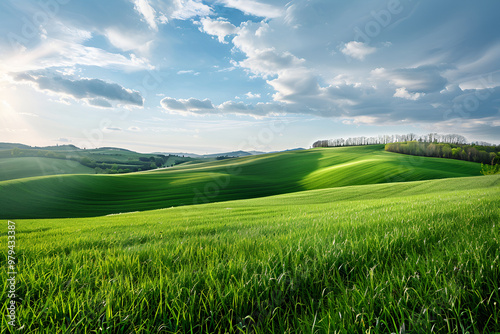 Summer day on the green hills, sky on the green grass, beauty landscapes, village, Tuscany landscape with green grass and blue sky, grunge image of landscape on vintage concrete texture withartistic 
 photo