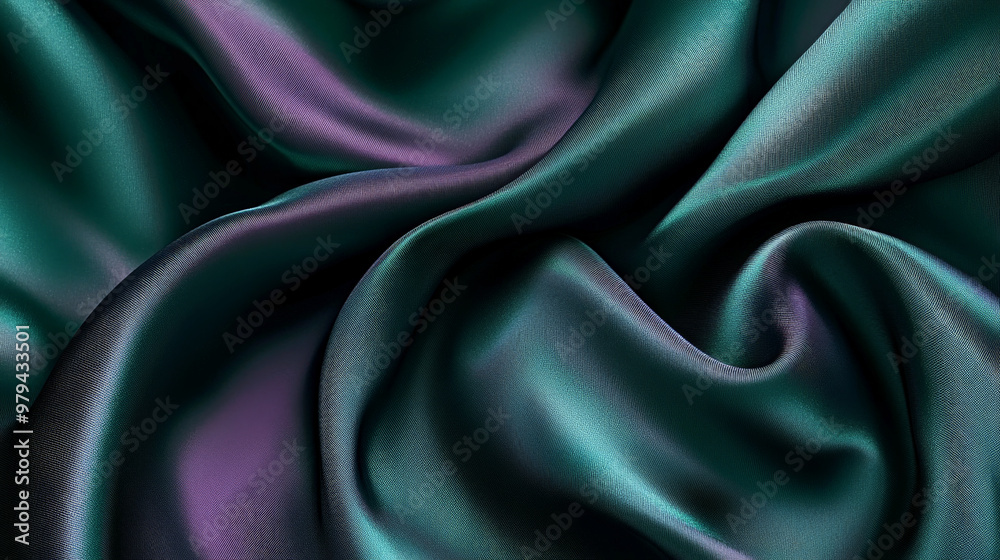 Fototapeta premium A luxurious silk texture in shades of emerald green and soft violet, with abstract flowing waves and smooth, glossy folds.