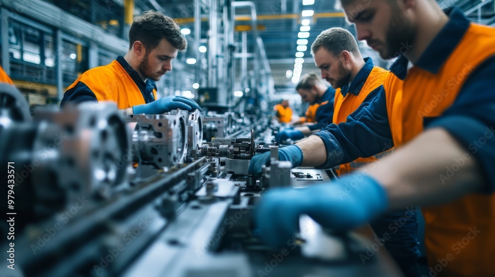 A workers assembling a complex machine in an industrial setting, focusing on their teamwork and precision. A workers assembling a complex machine in an industrial setting, focusing on their teamwork and precision.