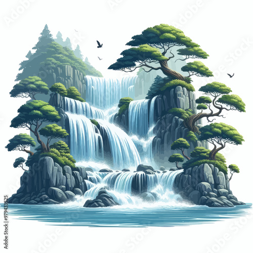 Vector of roaring waterfall in the forest