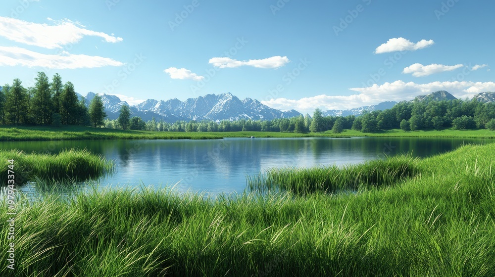 A 3D cut of vibrant green grass with a calm pond, capturing the beauty of natural landscapes for travel ads.