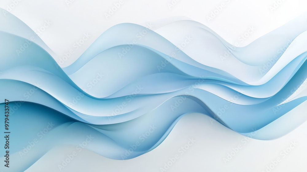 Obraz premium A minimalist 3D wave design in soft blue tones, with smooth undulating shapes creating a serene and abstract composition on a clean white background.