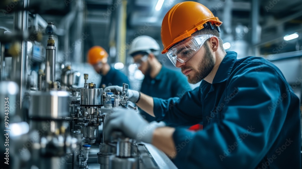 A workers assembling a complex machine in an industrial setting, focusing on their teamwork and precision. A workers assembling a complex machine in an industrial setting, focusing on their teamwork and precision.
