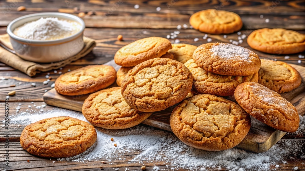 Freshly baked golden brown cookies, crispy at the edges and soft in the center, are scattered on a rustic wooden table with scattered flour.
