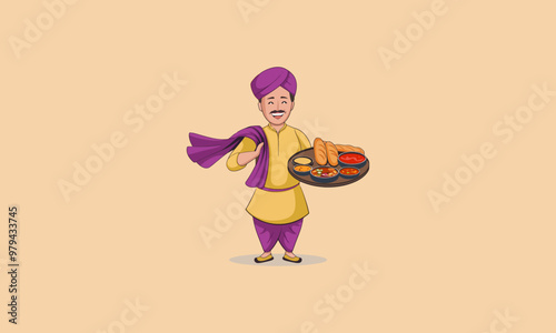 Smiling Indian man serving traditional indian meal