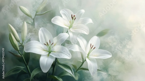 A serene composition of blooming white lilies surrounded by soft greenery, evoking tranquility and elegance in nature.