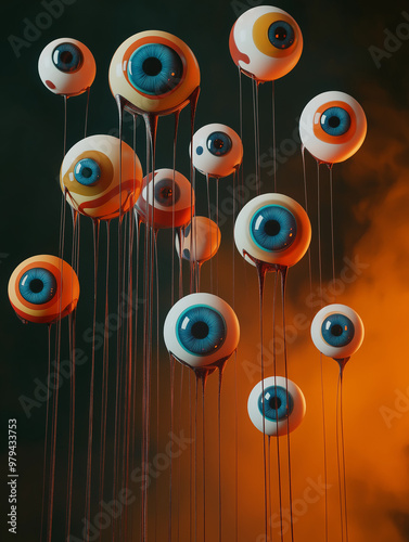 Cluster of cartoon eyeballs with varying colors and expressions floating in abstract space. Detailed close-up of funny, quirky character eyes, perfect for playful designs, animation concepts