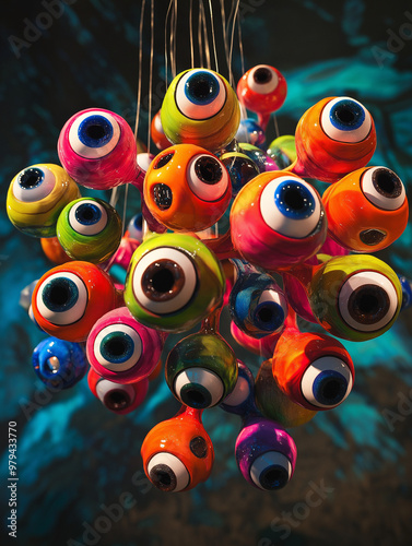 Cluster of cartoon eyeballs with varying colors and expressions floating in abstract space. Detailed close-up of funny, quirky character eyes, perfect for playful designs, animation concepts