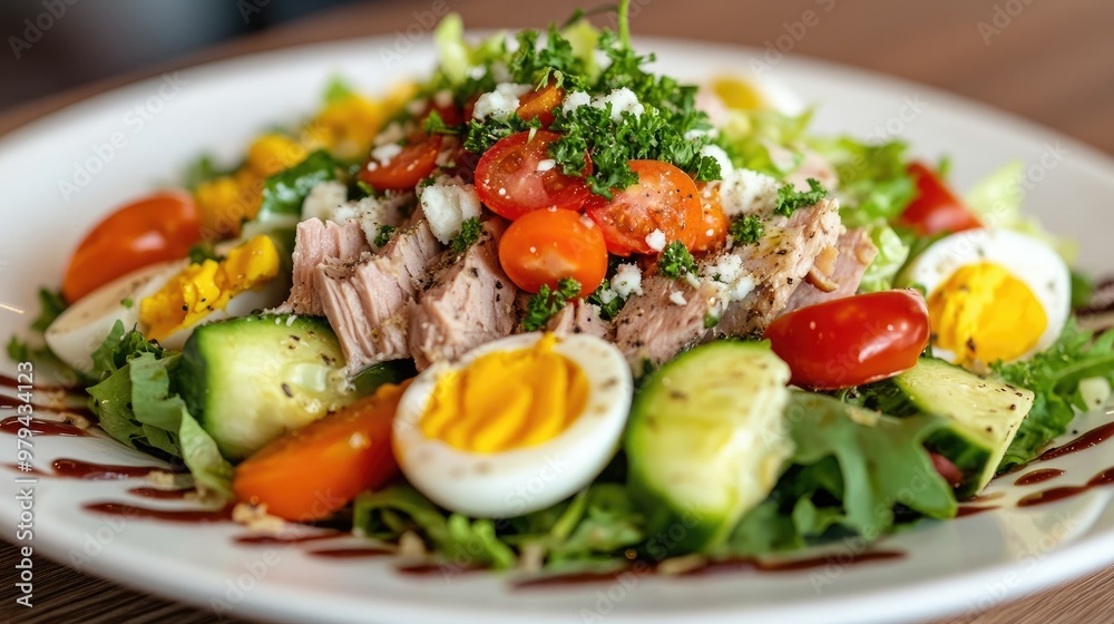 A wholesome salad featuring fresh tuna, boiled eggs, and a medley of vibrant vegetables, drizzled with a healthy dressing and served on a clean white plate. A wholesome salad featuring fresh tuna, boiled eggs, and a medley of vibrant vegetables, drizzled with a healthy dressing and served on a clean white plate.