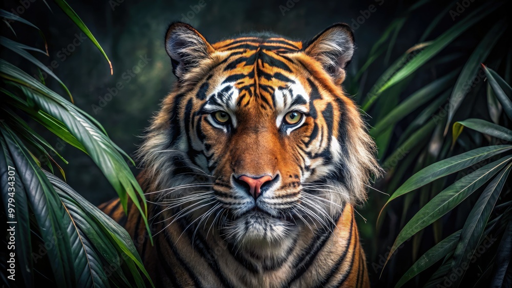Dramatic, moody, rainforest atmosphere, tiger's fierce gaze, powerful, dark, misty, monochromatic hues, highlighting predator's intensity, wild, rugged, majestic beauty Dramatic, moody, rainforest atmosphere, tiger's fierce gaze, powerful, dark, misty, monochromatic hues, highlighting predator's intensity, wild, rugged, majestic beauty
