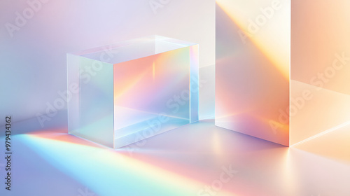 A minimalist design with glass prisms refracting soft gradients of color  creating subtle rainbow hues across a smooth  white backdrop.